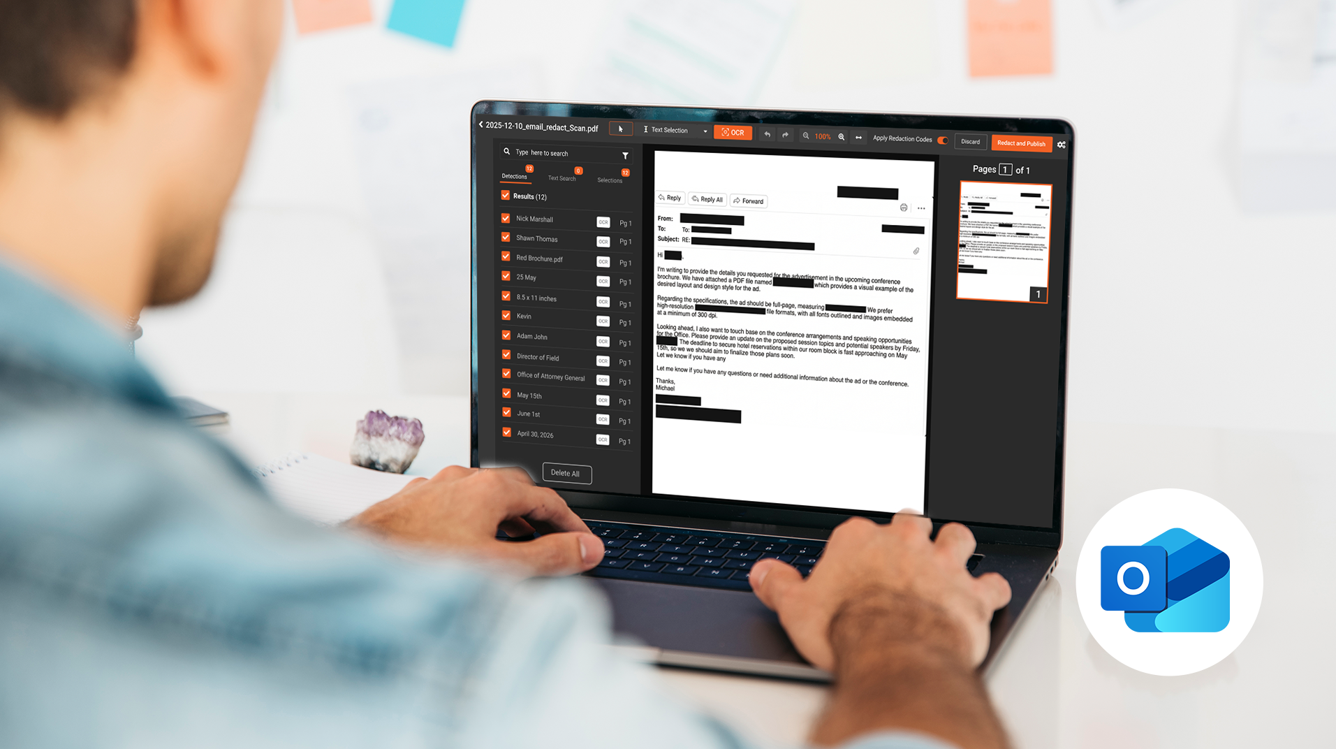 VIDIZMO Redactor interface showing an Outlook email scan with names, dates, and contact details automatically detected and redacted with black boxes.