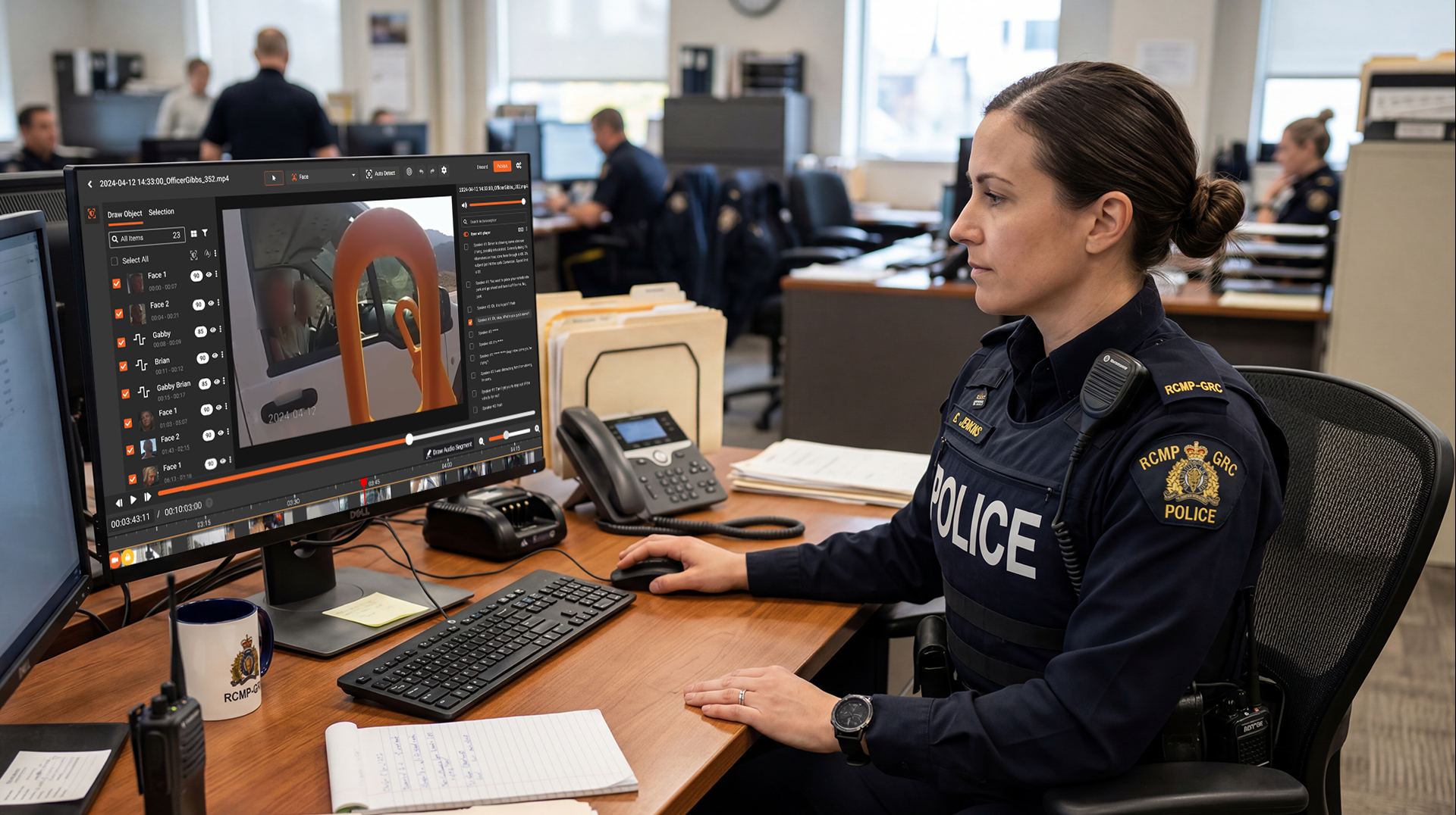 Police officer redacting faces in bodycam footage using VIDIZMO Redactor's auto-detection tools