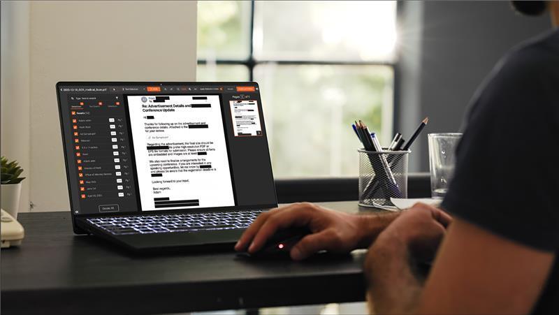 VIDIZMO Redactor interface displaying a scanned email about conference details with sender names, dates, and identifying information redacted using black boxes.