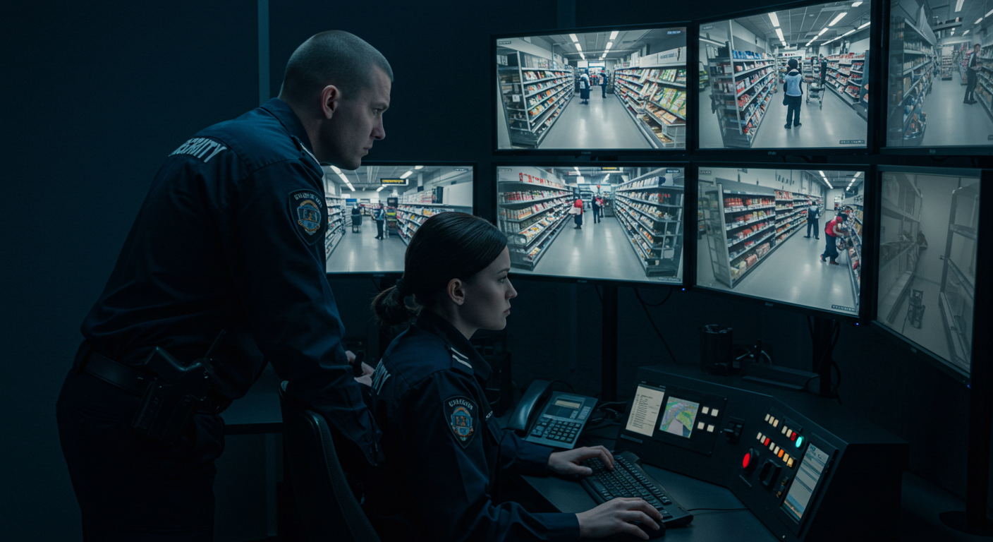 Two security guards watching CCTV footage at a retail supermarket.