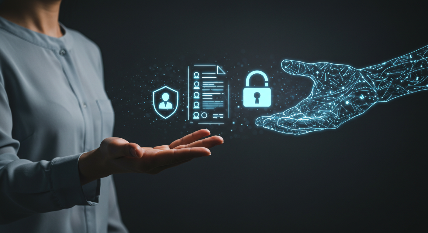 A digital hand taking survey information from a human hand and securing it.