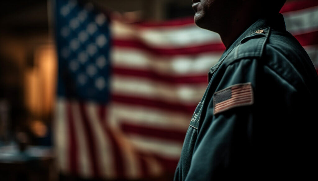 US soldier with face slightly hidden and a blurred background of the U.S flag.