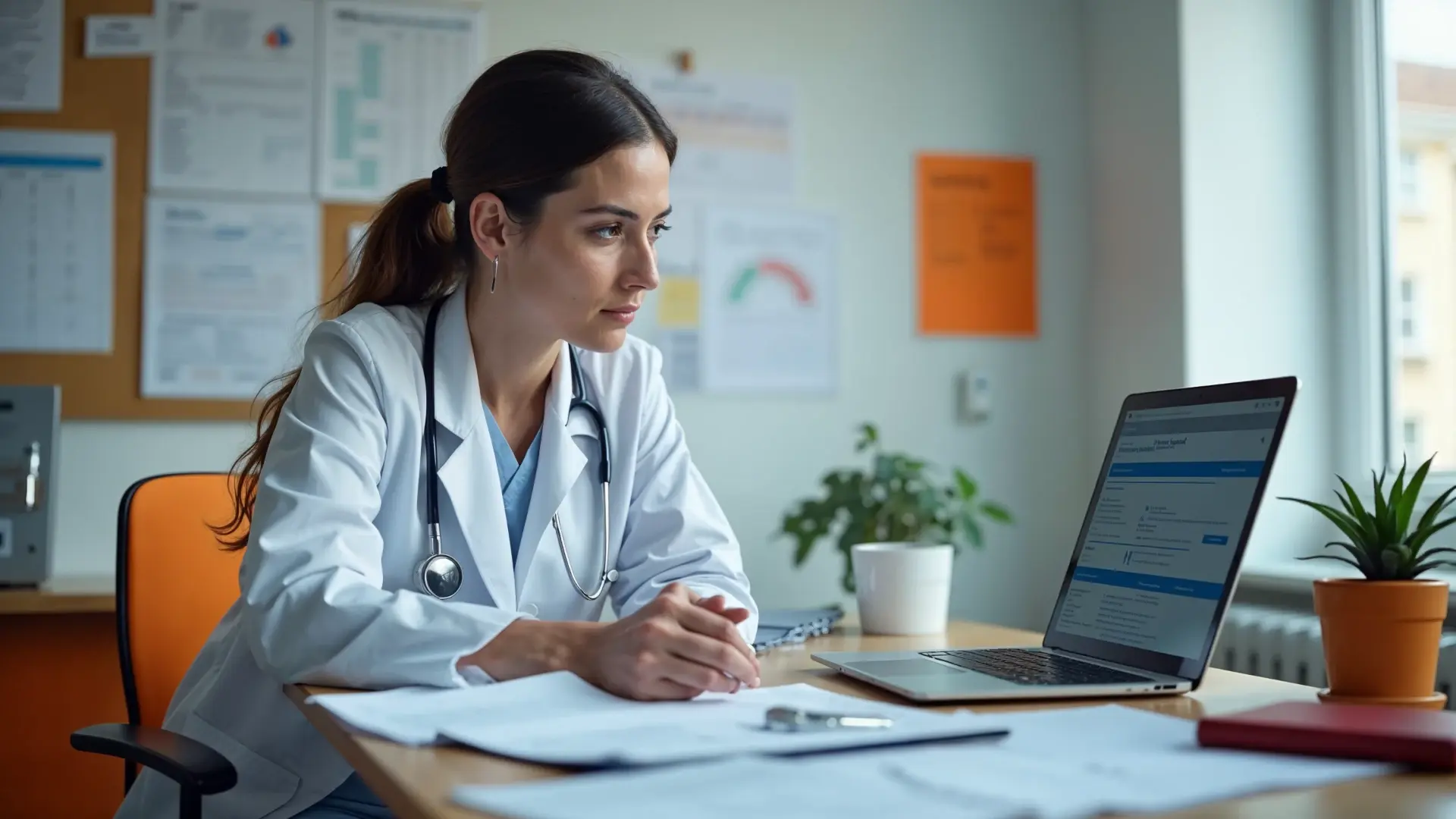 A healthcare provider with a laptop and paper based healthcare records.